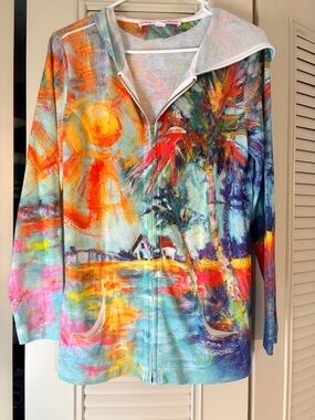 Leoma Lovegrove zip-front hooded jacket featuring vibrant tropical print. Small